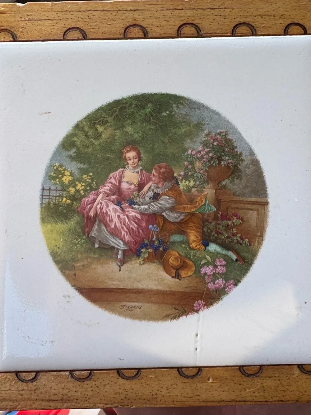 Vintage Fragonard Style Ceramic Tile Wooden Box
